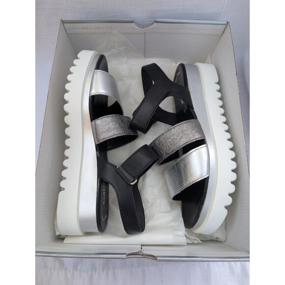 Gabor Women's Chunky Platform Sandals Sz 8.5 Silver Black Crossover Wedge - Picture 3 of 8